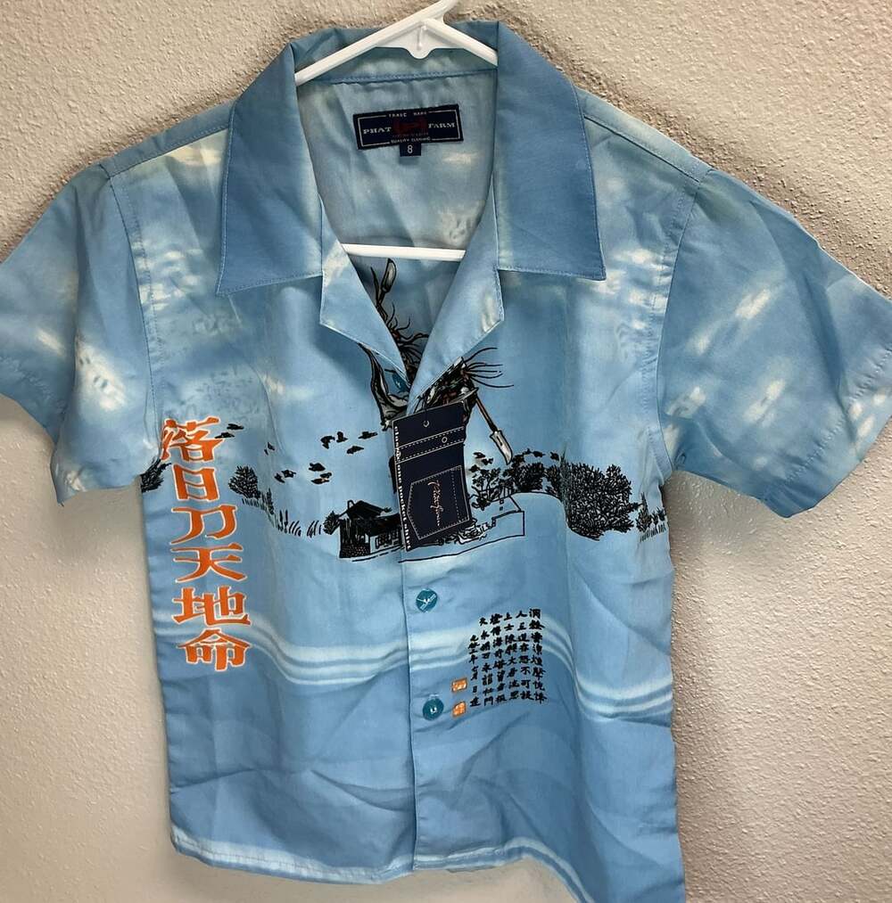Phat Farm Samurai Graphic Shirt Size 8 Blue Vintage